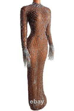 Rhinestone Evening Dress Transparent Fringe Sleeve Dress Dance Stage Costume