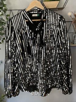 Rixo Moss Sequin Black Pussybow Tie Neck Blouse Top Size XL