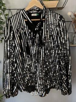 Rixo Moss Sequin Black Pussybow Tie Neck Blouse Top Size XL
