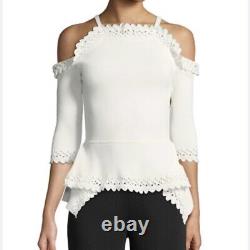 Roland Mouret Asenby Cold-Shoulder Long-Sleeve Fitted Knit Top with Lace Trim M