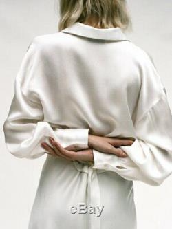 SHAINA MOTE Loire White Ivory Satin Acetate Long Sleeve Wrap Open Collar Top S