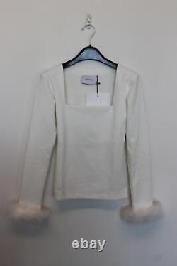 SLEEPER Ladies White Long Sleeve Square Neck Feather Trim Top Size XS BNWT