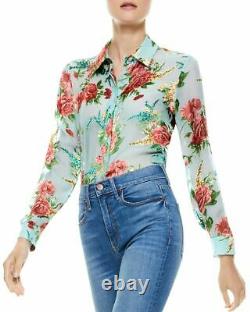 SOLD OUT Alice + Olivia Women Blue Floral Button Down Silk Blouse Top Size M