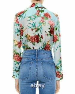 SOLD OUT Alice + Olivia Women Blue Floral Button Down Silk Blouse Top Size M