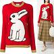 Sz M New $1,200 Gucci Woman's Red Wool Knit White Rabbit Embroidered Sweater Top