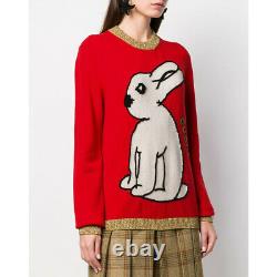 SZ M NEW $1,200 GUCCI Woman's Red Wool Knit WHITE RABBIT Embroidered SWEATER TOP