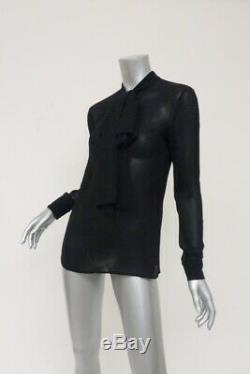Saint Laurent Bow Blouse Black Silk Georgette Size 36 Long Sleeve Top