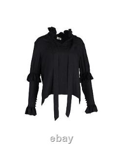 Saint Laurent Mock-Neck Ruffled Long-Sleeve Blouse in Black Silk UK10