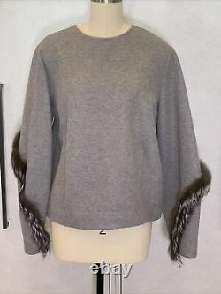 Sally LaPointe Shirt 8 Oversized Gray With Fur Trim Runway Cotton Blend Top