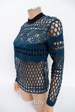 Self Portrait Womens Blouse Top Size Uk 8 Long Sleeve Black Green Crochet