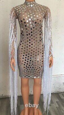 Sequin Crystal Tassel Sleeve Short Skirt Women's Party Dress Stage Costume
