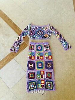 Sexy BoHo Granny Square Cropped Crochet Top & Skirt Set VTG Hippy Festival Dress