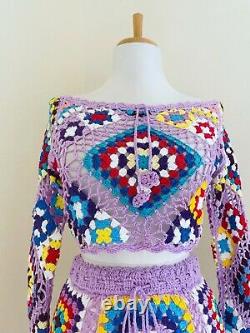 Sexy BoHo Granny Square Cropped Crochet Top & Skirt Set VTG Hippy Festival Dress