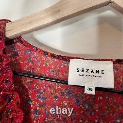 Sézane Isaac Ruffled Red Floral Print Long Sleeve V-Neck Top Size 38 US 6