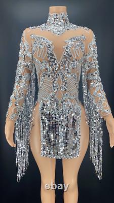 Silver Sequin Fringe Dress Long Sleeve Evening Celebration Dance Dress 2022
