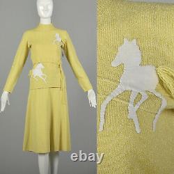 Small 1970s Novelty Horse Knit Ensemble Yellow Long Sleeve Top Skirt Set VTG