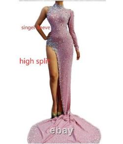 Sparkling Pink Evening Dress Long Tail Crystal Dress Dance Costume