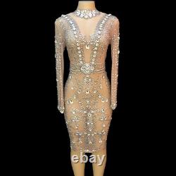 Sparkling Silver Crystal Mesh Dress Women's Evening Prom Party Dress