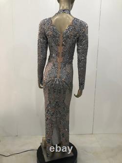 Sparkly Full Rhinestones Sleeve Party Long Dress Outfit Bar Singer Stage Prom