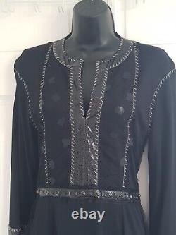 Stylish Art Deco black Bottega Veneta dress, leather and metallic details, UK 10