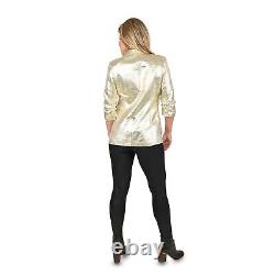 TAMSY Gold Metallic Full Sleeve Notch Neck Blazer with Front Pocket Petite-XS