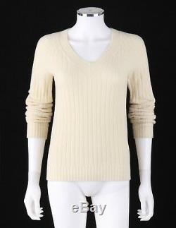 THE ROW Cream Chunky Rib Knit Long Sleeve V Neck Sweater Top Size S