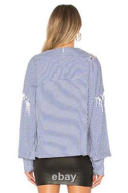 TIBI stripe long sleeve tie lace up top / shirt / blouse blue + white 2
