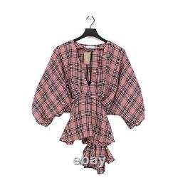 The Luxe Edit Women's Top S Pink Checkered 100% Linen Long Sleeve Basic