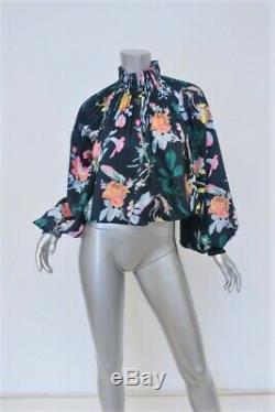 Tibi Edwardian Cropped Top Navy Gothic Floral Size 2 Long Sleeve Pleated Blouse