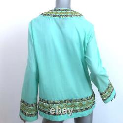 Tory Burch Embroidered Tunic Top Blue Cotton Size 10 Long Sleeve Blouse