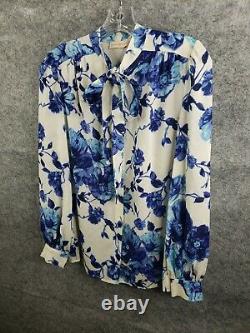 Tory Burch Tie Neck Button Front Blouse Top Women's 2 White Blue Flowers Silk
