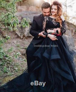 Two Pieces Gothic Black Wedding Dresses Tiered Lace Top Bridal Gown Long Sleeve