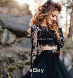 Two Pieces Gothic Black Wedding Dresses Tiered Lace Top Bridal Gown Long Sleeve