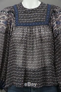 ULLA JOHNSON Black Blue Floral Print Silk Sheer Peasant Blouse Long Sleeve Top 2