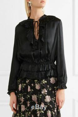 ULLA JOHNSON Womens Maisie Silk Top 0 Black Ruffle Crinkled Satin Long Sleeve