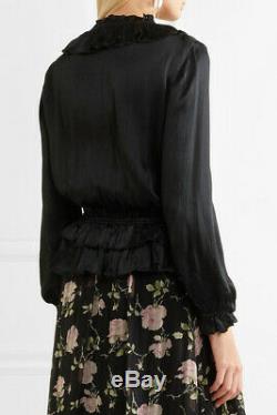 ULLA JOHNSON Womens Maisie Silk Top 0 Black Ruffle Crinkled Satin Long Sleeve