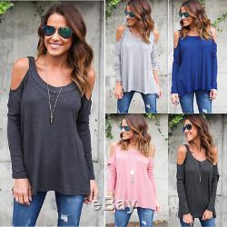 US Womens Cold Shoulder Loose Shirt Blouse Ladies Casual Long Sleeve Cotton Tops
