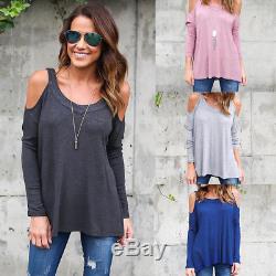 US Womens Cold Shoulder Loose Shirt Blouse Ladies Casual Long Sleeve Cotton Tops