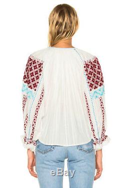 Ulla Johnson Mila Embroidered Cotton Peasant Long Sleeve Blouse Top -Natural