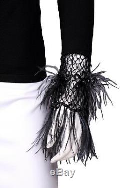 VALENTINO Black Wool Blend Long Sleeve Feather & Bead Embellished Cuff Top LRG