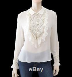 VALENTINO Long Sleeve Embellished Sheer Ivory Silk Evening Blouse Top L
