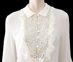 VALENTINO Long Sleeve Embellished Sheer Ivory Silk Evening Blouse Top L