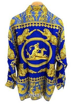 VERSACE CLASSIC Vintage Logo Silk Shirt Tops Men's #L Blue Gold RankAB