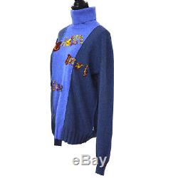 VERSACE Logos Long Sleeve Knit Tops Blue Gray #L Wool Italy Authentic AK39268
