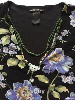 VIVIENNE TAM Sz 3 (M/ 6-8) Black Floral Nylon Mesh Top/Jade Faux Necklace Detail