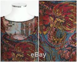 VTG c. 1920's ABSTRACT MULTICOLOR FLORAL SILK LAME LONG SLEEVE BLOUSE TOP Size S