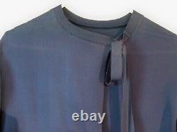 Vince Silk Blouse Top XS Long Sleeve Ink Blue NWT Crew Neck Relaxed Fit Tie-Back