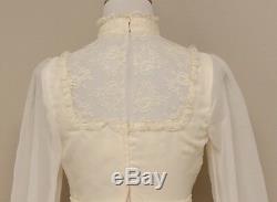 Vintage 1970s Womens Cream Chiffon Lace Top Long Long Sleeve High Neck Dress