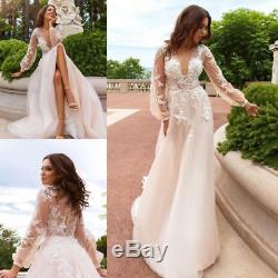 Vintage Boho Wedding Dresses Bridal Gown Custom Long Sleeve Deep V Neck Top Lace