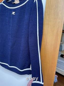 Vintage Courreges Paris Women's Knitted Blue And White Sweater Top- Size B